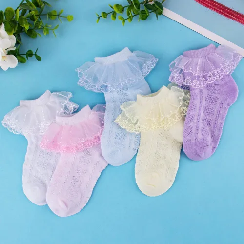 Miniatura 7 de Looching Calcetines con volantes de malla para bebé y niñas pequeñas, con ojales, de algodón, con volantes, 5 pares