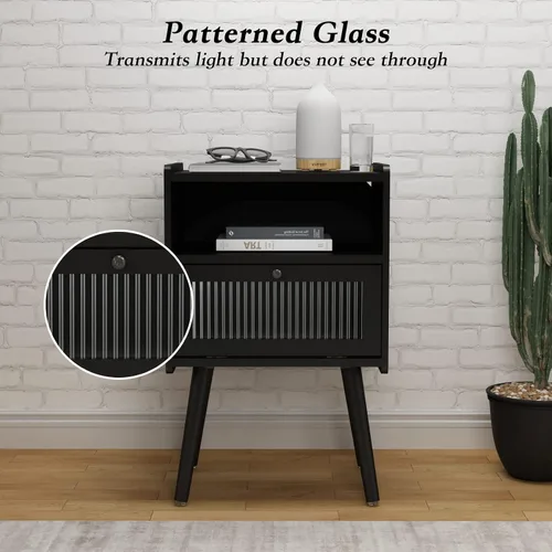 Miniatura 6 de Mesita de noche moderna de mediados de siglo, mesa auxiliar con almacenamiento, mesitas de noche con puerta de cristal, mesa auxiliar con patas