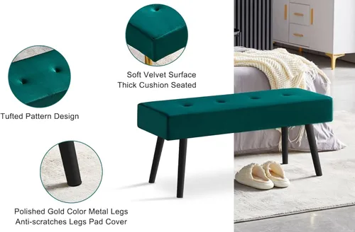 Miniatura 5 de Homedot Banco para entrada, banco de comedor tapizado sin brazos, elegante banco de terciopelo para sala de estar, copetudo con patas de metal