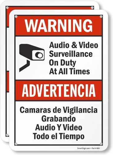 SmartSign Paquete de 2 señales "Advertencia: Vigilancia de Audio y Video en Servicio en Todo Momento" Bilingüe - 7" x 10", Aluminio Metalizado
