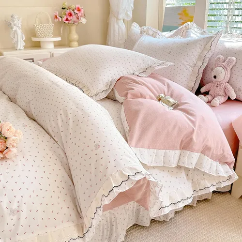 Miniatura 41 de HighBuy Juego de funda de edredón vintage con volantes y estampado de rayas francesas, 100% algodón con cierre de cremallera, juego de ropa de cama