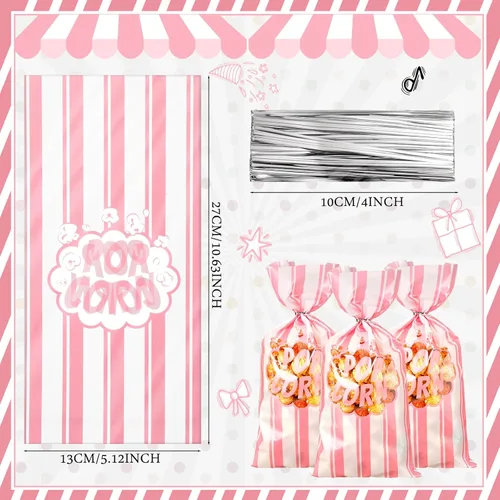 Miniatura 2 de 200 bolsas de palomitas de maíz, bolsas de plástico para máquina de palomitas de maíz, recipientes de maíz con lazos giratorios para carnaval, Rosa