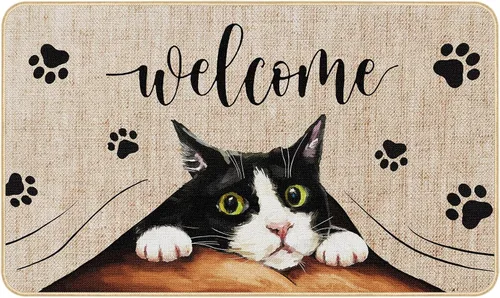 Tapete de bienvenida para puerta de gato, tapete antideslizante de huellas divertidas, decoración familiar, tapete de entrada para interiores y