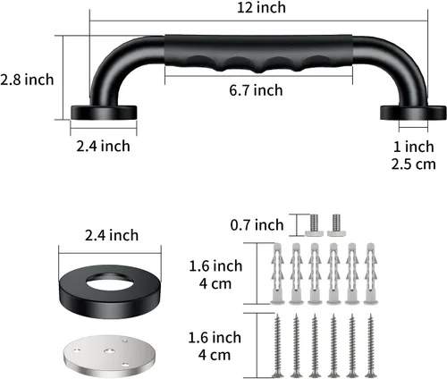 Miniatura 2 de ZUEXT - Paquete de 2 barras de agarre para ducha negras de 12 pulgadas con agarre de goma antideslizante, barra de agarre de baño de acero Caucho