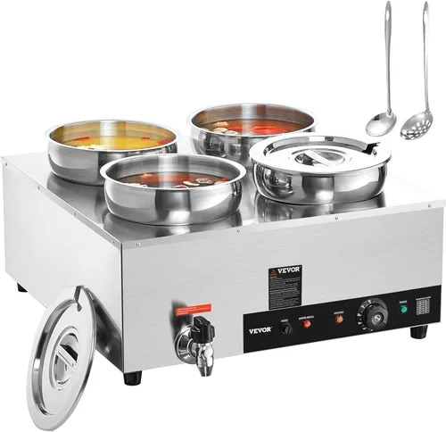 VEVOR Calentador de Sopa Eléctrico, Cuatro Ollas Redondas de Acero Inoxidable de 7.4QT con Temperatura Ajustable de 86~185°F, Bain Marie Comercial
