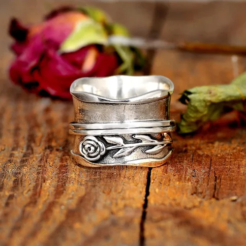 Miniatura 3 de Boho-Magic Anillo giratorio de plata de ley 925 para mujer, diseño de flor rosa, alivio de la ansiedad, banda ancha