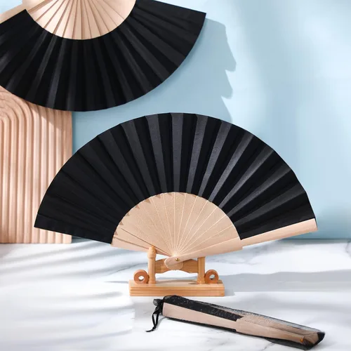Miniatura 2 de Chuangdi Paquete de 2 abanicos de mano plegables de tela chinos de 8.27 pulgadas, ventiladores japoneses portátiles con bolsas con cordón