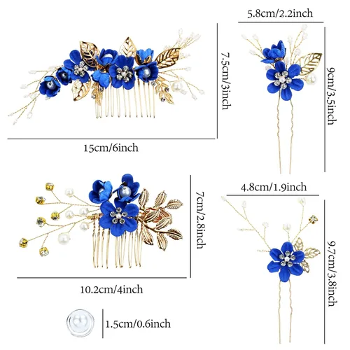 Miniatura 5 de inSowni Paquete de 20 Peines Laterales Clásicos Blancos Rosa Polvoriento Azul Flor Nupcial Boda + Horquillas de Pelo con Forma de U con Flores +