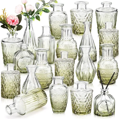 Inbagi Juego de 20 jarrones de cristal – Floreros pequeños verdes a granel, botellas decorativas vintage en relieve para boda, San Valentín, hogar,