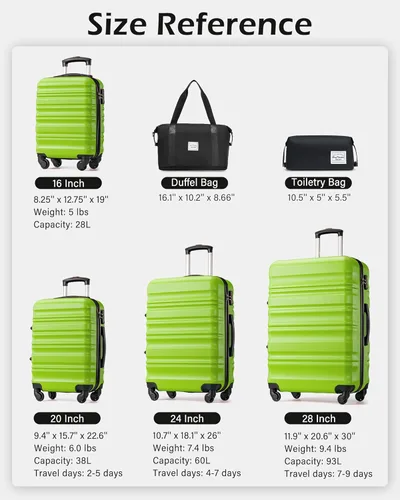 Miniatura 6 de LONG VACATION Juego de equipaje de 4 piezas de ABS hardshell TSA Lock Spinner Ruedas equipaje de mano en maleta, Manzana Verde (Apple Green), Juego