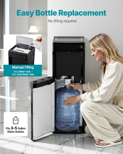 Miniatura 5 de VEVOR Dispensador de agua con máquina de hielo, dispensador de agua de pie 3 en 1, 33 libras/24 horas, 9 cubos/7 minutos de fabricación de hielo