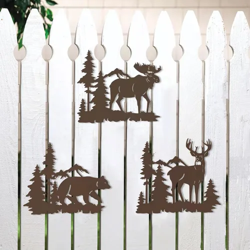 Miniatura 5 de Waiu Decoración de pared de metal, ciervo, oso y alce en el bosque de pinos, juego de 3 9.3 pulgadas, decoración rústica concisa para colgar