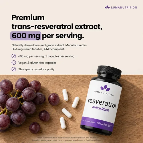 Miniatura 3 de Luma Nutrition Suplemento de Resveratrol de Alta Pureza - 98% Trans-Resveratrol - Antioxidante - Cápsulas de Resveratrol - Vegano y Sin Gluten - 60