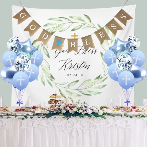 Miniatura 4 de Decoraciones de bautismo con texto en inglés "God Bless Banner", globos cruzados de confirmación para niños y primera comunión, baby shower