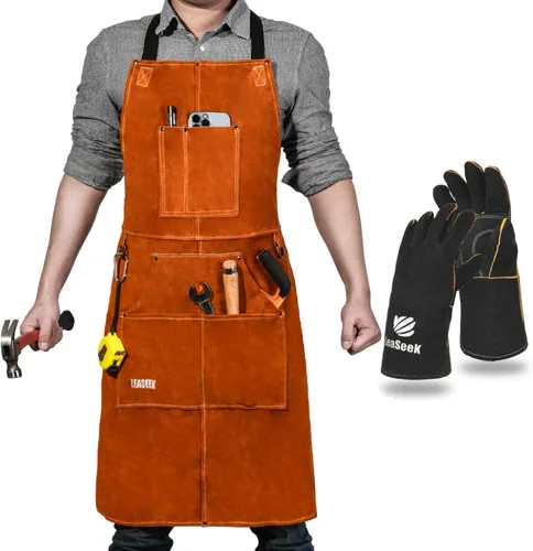 Miniatura 9 de Delantal de trabajo de soldadura de cuero, delantal con peto resistente al calor y a las llamas, delantal ignífugo resistente para barbacoa Canela