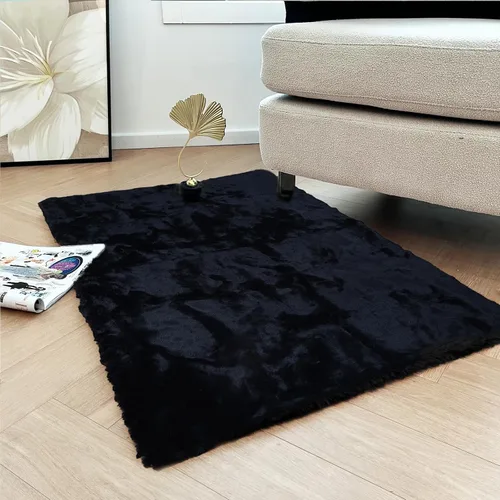 Miniatura 2 de Latepis Alfombra Pequeña Negra Esponjosa 2x3 pies Manta de Piel Sintética de Conejo Alfombra Suave Lavable Alfombras Peludas Shag para Dormitorio