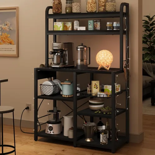 Miniatura 4 de Amyove Estante para panaderos con toma de corriente, barra de café con cajón de alambre, soporte para microondas, mesa de cocina con gran Negro