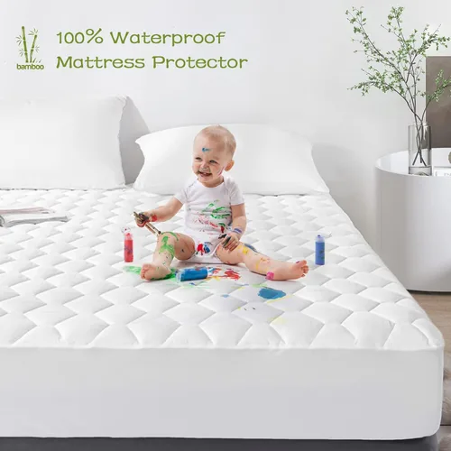 Miniatura 3 de GRT Protector de colchón Queen impermeable, rayón de bambú, almohadilla de colchón acolchada ajustable refrescante, cubierta de colchón impermeable