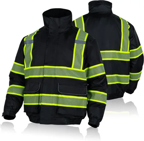 FONIRRA Chaquetas de seguridad de alta visibilidad con forro polar, chaqueta impermeable reflectante ANSI Clase 3 para hombre Negro