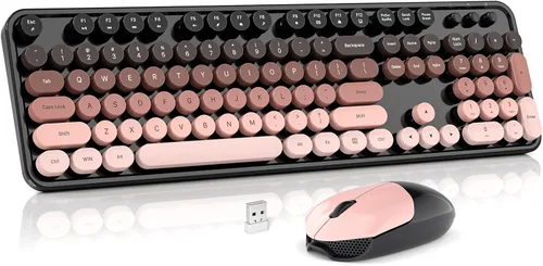 Miniatura 29 de MOWUX - Combo de teclado y mouse inalámbricos, máquina de escribir de tamaño completo, retro, redondo, lindo mouse óptico inalámbrico, Plug and Azul