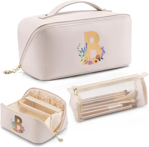 Miniatura 12 de Vlando Bolsa de maquillaje de viaje, neceser para mujer, piel sintética, abierta, plana, bolsa de maquillaje, Clásico elegante