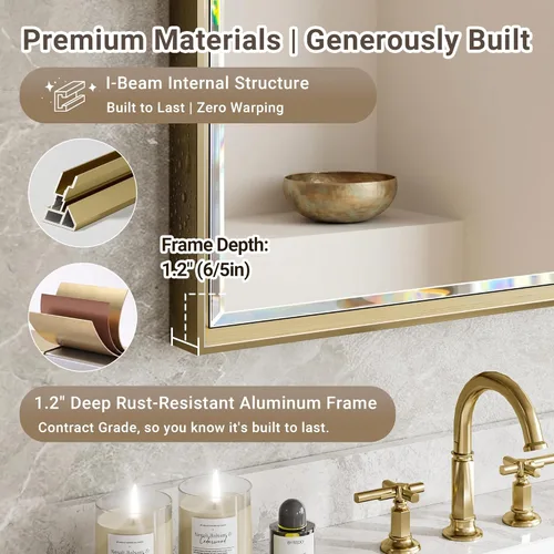 Miniatura 3 de Espejo de baño dorado de 48 x 30 pulgadas, espejo de baño biselado de oro cepillado, espejo rectangular grande con marco dorado inastillable, espejo