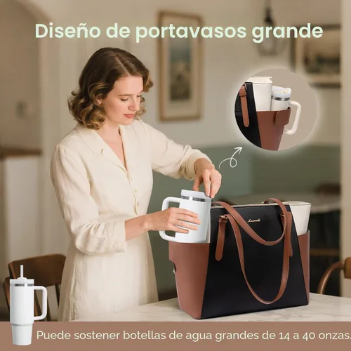 Miniatura 3 de LOVEVOOK Bolso para laptop con gran portavasos para mujer, bolso de mano de cuero para trabajo, bolso de hombro profesional para computadora de 15.6