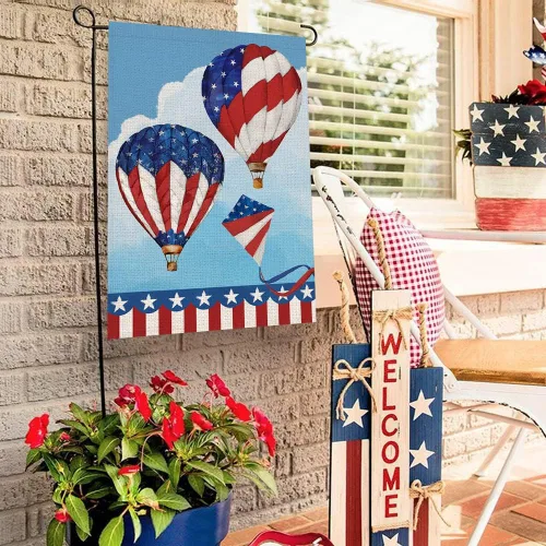 Miniatura 3 de Bandera de jardín con globos aerostáticos del 4 de julio, estrellas y rayas rojas azul marino, 12.5 x 18 pulgadas, bandera estadounidense de doble