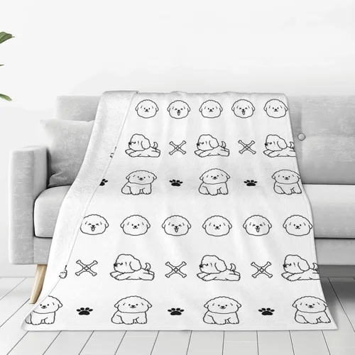 Miniatura 5 de Manta Bichon Frise, 30 x 40 pulgadas, sin costuras, bocetos negros de bichón, cabezas de cachorro, patrón de huesos y patas, manta de franela