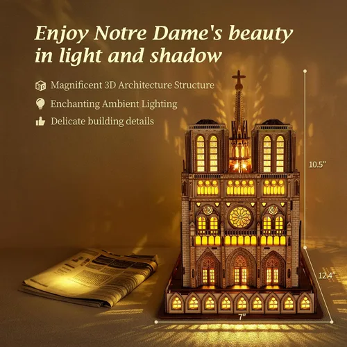 Miniatura 3 de FUNPOLA Rompecabezas 3D de Madera LED - Modelo de Arquitectura de Notre Dame de París Edición Nocturna con Iluminación LED - Kit de Artesanía