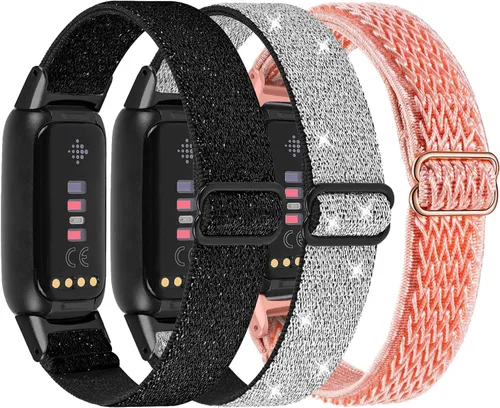 Miniatura 7 de Paquete de 3 bandas elásticas ajustables y correas de silicona de encaje compatibles con Fitbit Luxe, correas deportivas elásticas de nailon