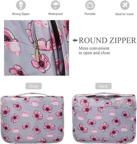 Miniatura 4 de Trawila Neceser colgante de viaje, bolsa de cosméticos, organizador de maquillaje para hombres y mujeres con gancho resistente, Gris (Grey Flower)