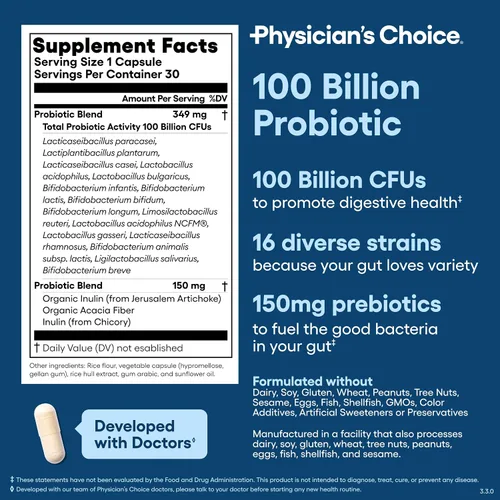 Miniatura 6 de Physician's CHOICE 100 mil millones de probióticos avanzados, 16 cepas + prebióticos orgánicos, salud digestiva e intestinal, apoya el estreñimiento