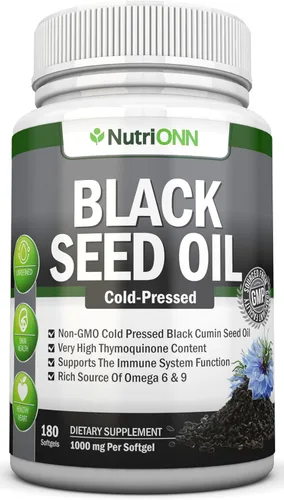 Aceite de semilla negra – 1000 mg – 180 cápsulas blandas – Cápsulas de semillas de comino negro sin OMG prensadas en frío – Contenido súper alto de