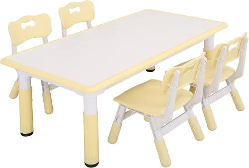 UNICOO - Juego de mesa y sillas de estudio para niños, escritorio de arte infantil de plástico ajustable en altura con 4 asientos, juego de mesa de