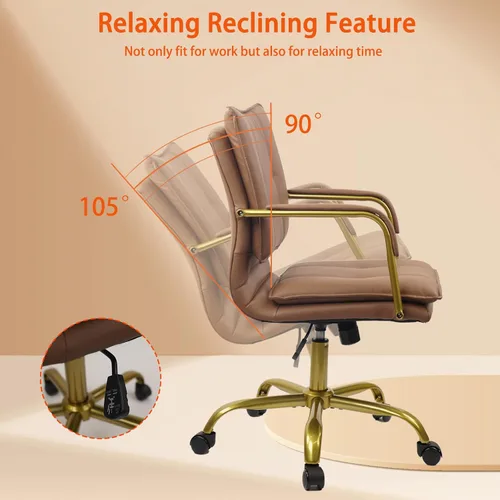 Miniatura 6 de CLATINA Sillas de Escritorio de Cuero para Oficina en Casa, Silla Giratoria de Respaldo Medio para Computadora con Patas y Brazos Dorados, Cómoda