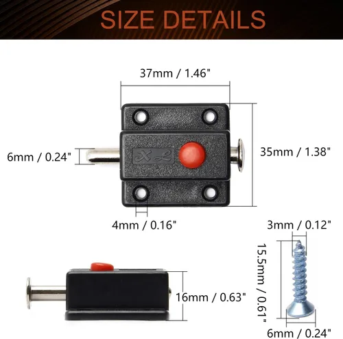 Miniatura 2 de MroMax Pestillo de perno de puerta con resorte, cierre deslizante de plástico ABS negro con botón de interruptor para puerta, gabinete, accesorios