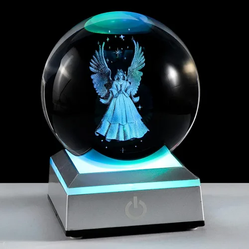 Figuras de ángel de la guarda 3D K9 bola de cristal con base LED plateada, regalos de ángel conmemorativo para amigas y mujeres, decoración de