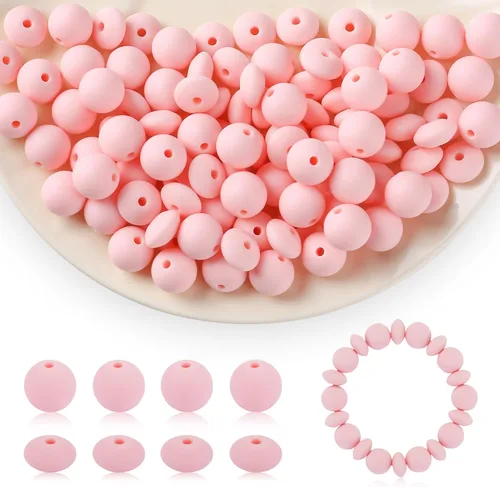 100 cuentas de silicona de 0.472 pulgadas para llavero, bolígrafo, collar, pulsera, manualidades, goma focal suelta a granel (rosa)