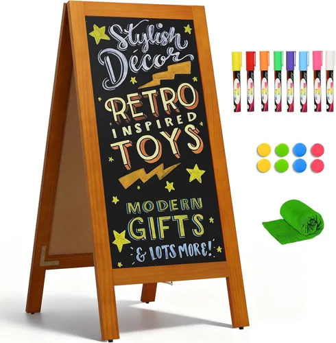 Miniatura 10 de 4 THOUGHT Pizarra magnética de doble cara en forma de A de 40"x20", tablero de sándwich independiente de madera de pino macizo para restaurantes