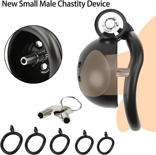 Miniatura 3 de Jaula de castidad masculina con cierre a presión con 5 anillos y dilatador uretral de metal, jaula plana de castidad, catéter uretral, dispositivos