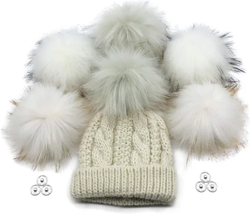 Furryvalley Pompón de piel sintética, 6 unidades, manualidades, bolas esponjosas para sombrero, zapatos, bufandas con cierre a presión, sombrero de