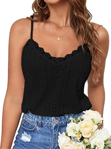 Miniatura 3 de LYANER Camiseta sin mangas sexy con cuello en V para mujer, tirantes delgados, bordado, con ojales, sin mangas, encaje