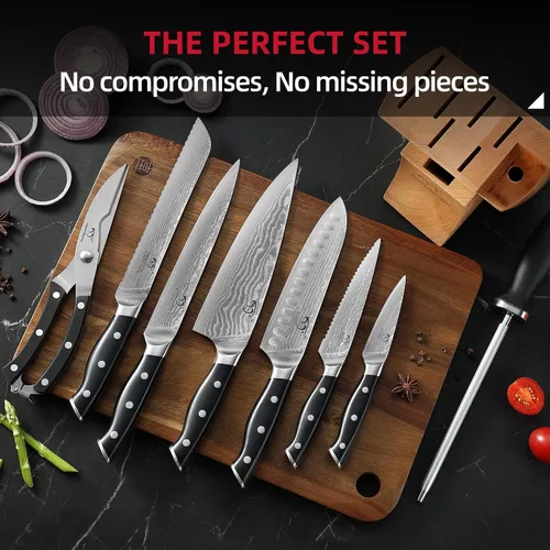 Miniatura 8 de NANFANG BROTHERS Juego de cuchillos de cocina de Damasco de 9 piezas con bloque, mango ergonómico ABS para juego de cuchillos de chef, afilador