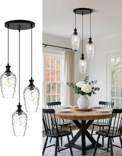 Miniatura 20 de Lámpara colgante de 3 luces, moderna lámpara de araña de níquel cepillado para comedor sobre mesa con vidrio martillado, luces colgantes de racimo