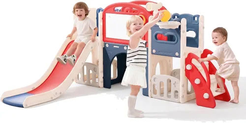 Miniatura 9 de Juego de juego para niños pequeños de 1 a 3 años para jugar en interiores y exteriores, todo en uno, 11 en 1, diversión con aro de baloncesto, Blanco