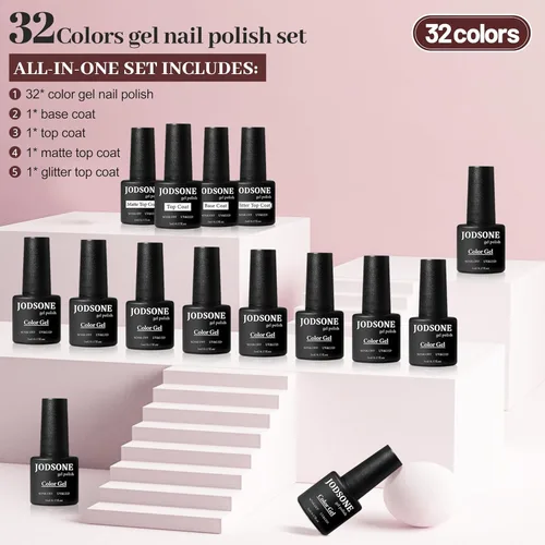 Miniatura 2 de JODSONE Juego de 36 esmaltes de uñas de gel, 32 colores, capa base, capa superior brillante mate y purpurina, juego de esmalte de uñas verde, azul