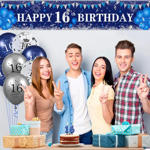 Miniatura 6 de Decoraciones azules de cumpleaños número 16 para niños y niñas - Pancarta feliz azul marino plateado y globos para suministros de fiesta