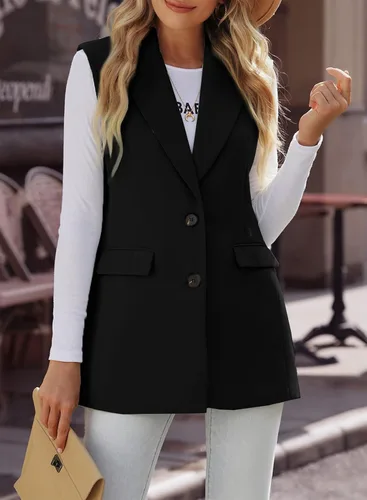 Miniatura 7 de Happy Sailed Chaleco largo para mujer, de moda, con dos botones, solapa, sin mangas, para oficina, con bolsillos