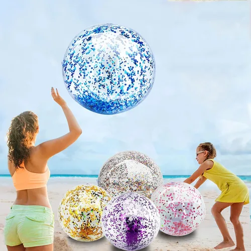 Paquete de 5 bolas de playa de lentejuelas de 16 pulgadas y 24 pulgadas, inflables, confeti con purpurina, pelota de playa transparente, juguete